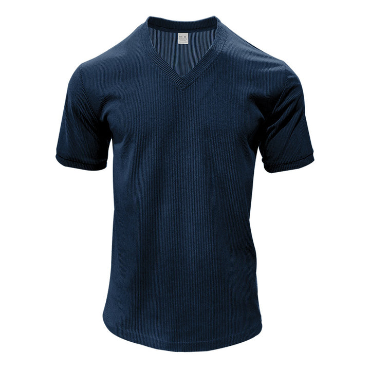 Herren nan strukturiertes V-Ausschnitt-Rippjersey-Shirt mit kurzem Arm und körpernaher Passform Echo Archiv