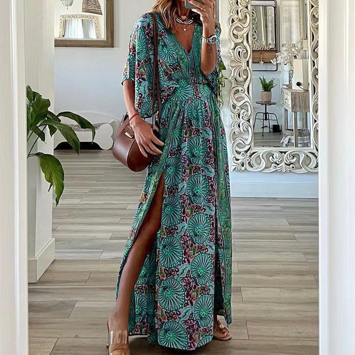 Damen Maxikleid im Boho-Stil mit Wickeleffekt, V-Ausschnitt und hohem Beinschlitz Echoarchiv