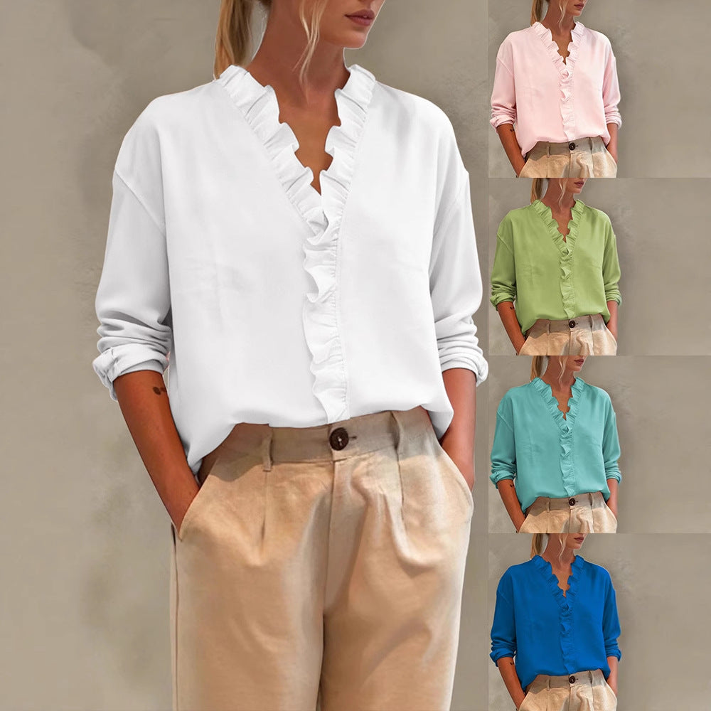 Damen Elegante V-Ausschnitt Bluse mit Volantbesatz und lockerem Oversize-Schnitt – Élovi