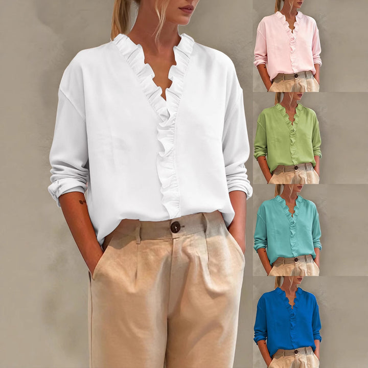 Damen Elegante V-Ausschnitt Bluse mit Volantbesatz und lockerem Oversize-Schnitt – Élovi