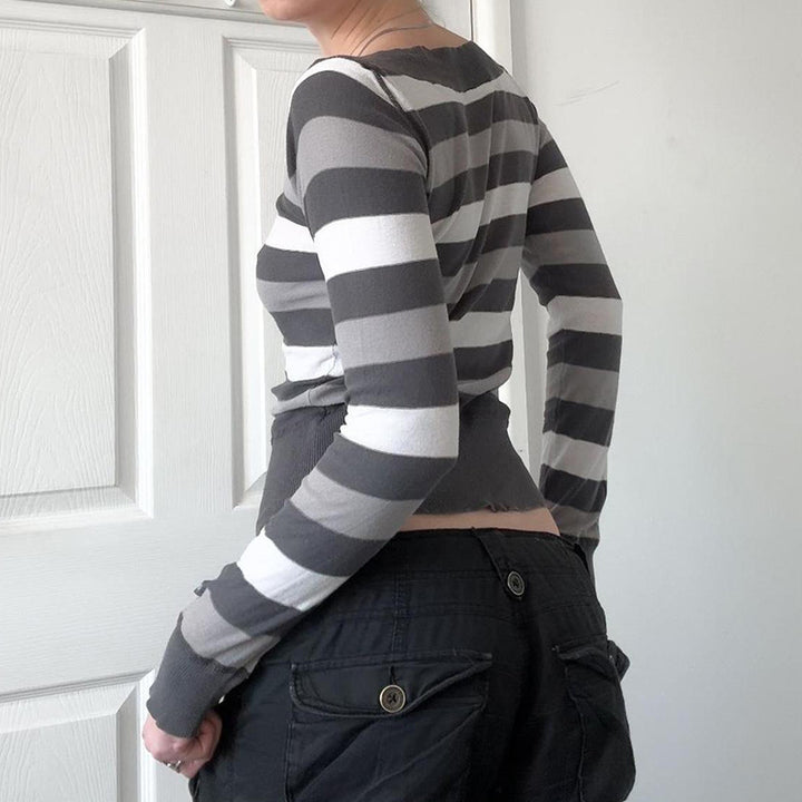 Damen Taillierter Feinstrick-Pullover mit breiten Blockstreifen und V-Ausschnitt Echo Archiv