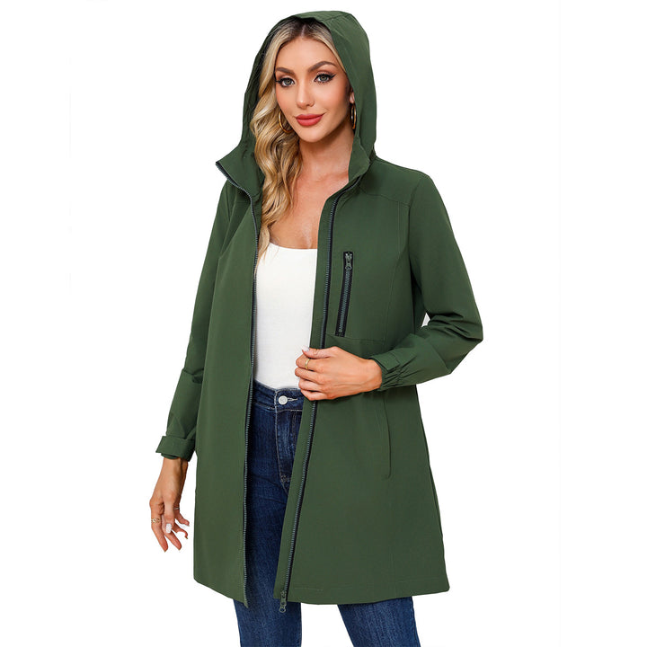 Damen nan lange schlanke Funktionsregenjacke mit durchgehendem Reißverschluss Brustreißverschlusstasche und Klettmanschetten Echo Archiv