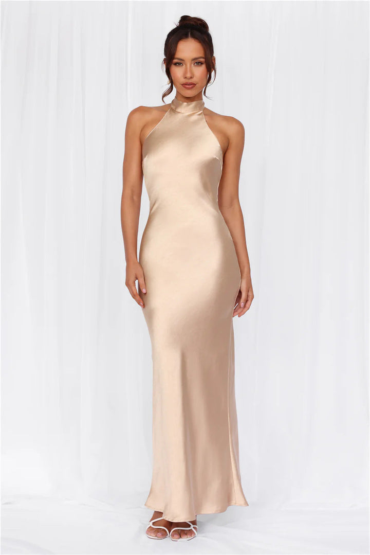 Damen Elegantes Maxikleid mit hochgeschlossenem Design und schimmerndem Satin-Finish Echoarchiv