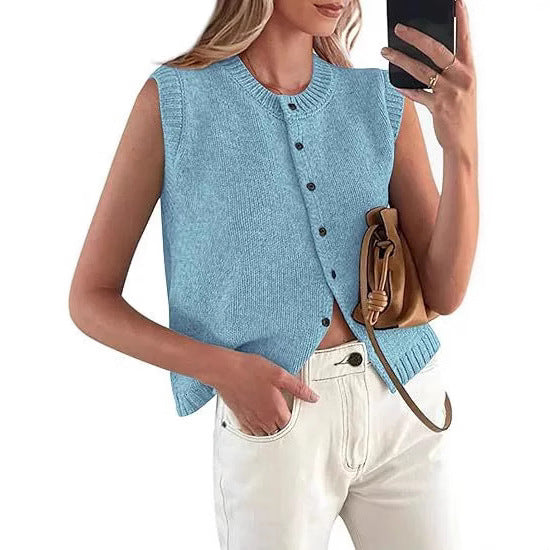 Damen lässige Strickweste mit Knopfleiste und Rundhalsausschnitt – Veloura