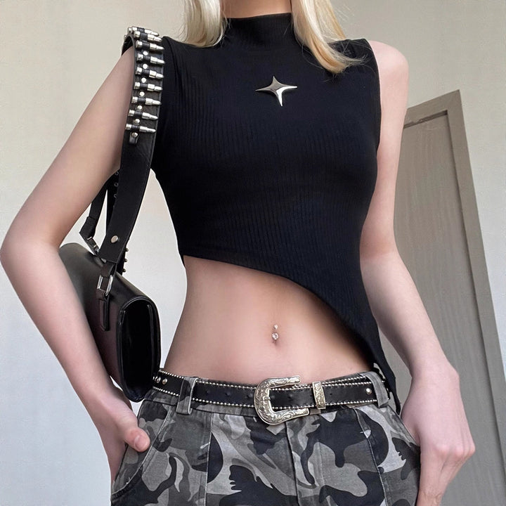 Damen modernes asymmetrisches Oberteil mit elegantem Stehkragen und metallischen Akzenten Echo Archiv
