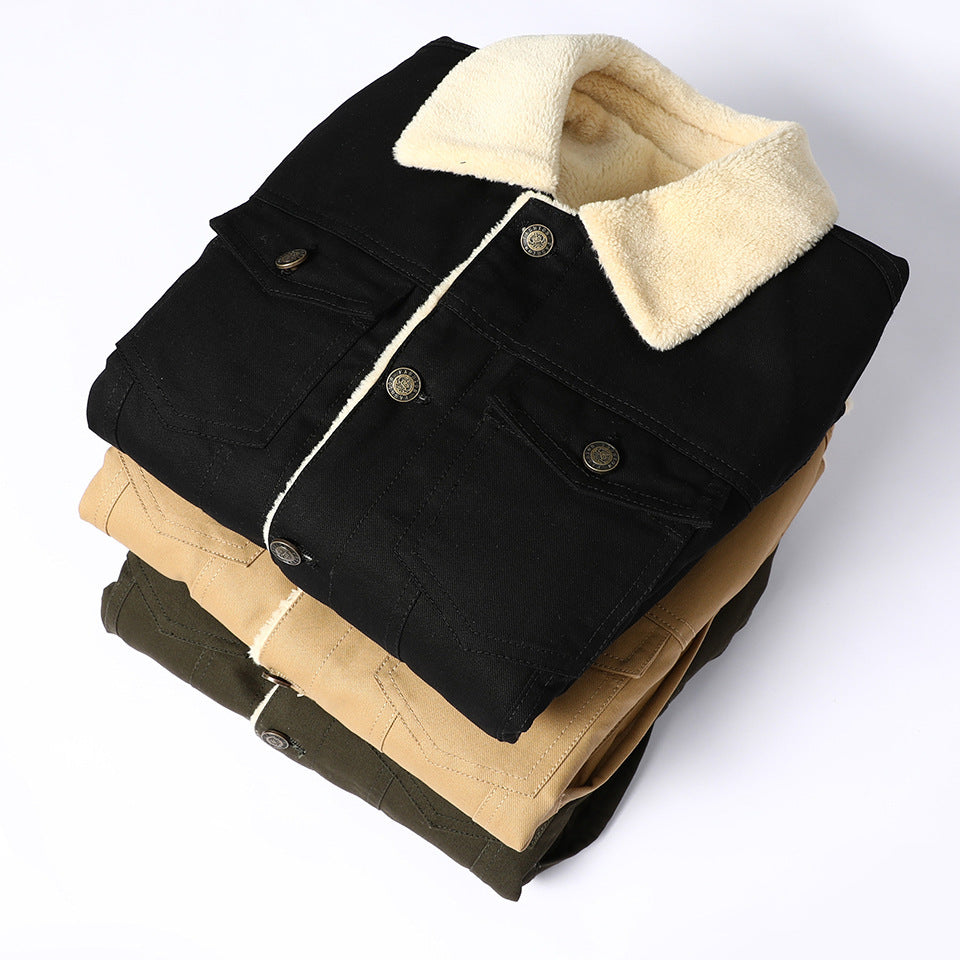 Herren Gefütterte Sherpa‑Truckerjacke mit Kunstfellkragen und Pattentaschen – Taviero
