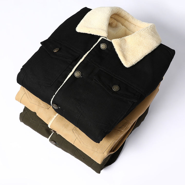 Herren Gefütterte Sherpa‑Truckerjacke mit Kunstfellkragen und Pattentaschen – Taviero