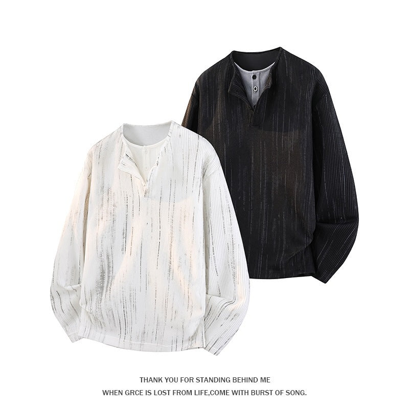 Herren Oversize Strickpullover mit Henley-Ausschnitt und feiner Strukturstreifen Echoarchiv