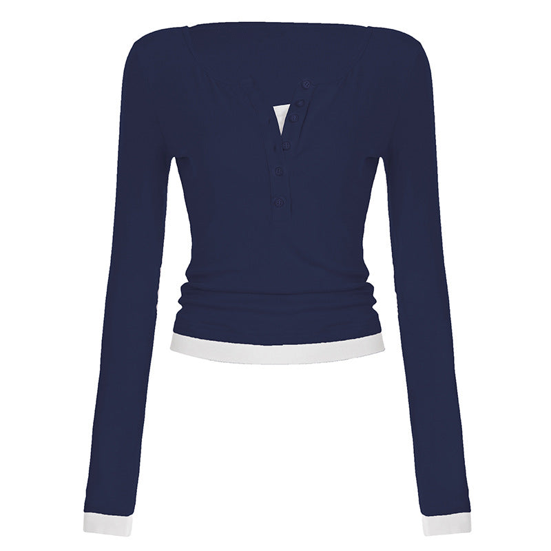 Damen nan tailliertes Henley-Crop-Longsleeve mit kontrastierenden Saum- und Ärmelbündchen Echo Archiv