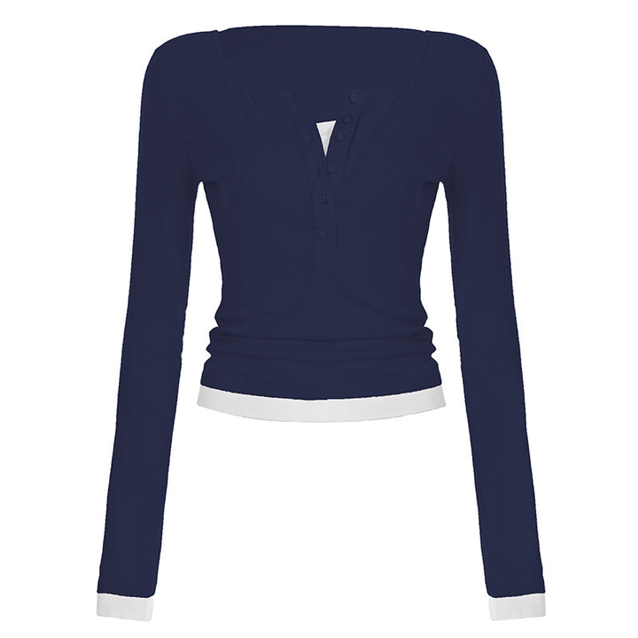 Damen nan tailliertes Henley-Crop-Longsleeve mit kontrastierenden Saum- und Ärmelbündchen Echo Archiv