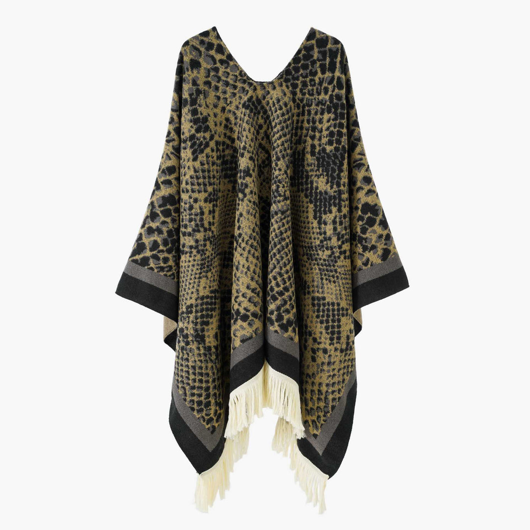 Damen Jacquard-Poncho mit V-Ausschnitt, Animalprint und Fransensaum – Avérine
