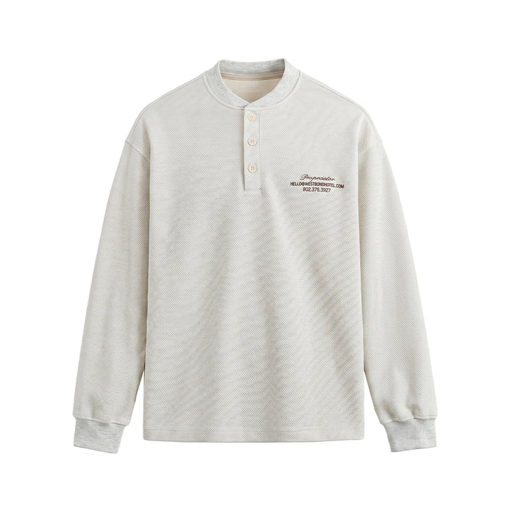 Unisex Strukturierter Henley-Pullover mit Knopfleiste und geripptem Stehkragen Echoarchiv