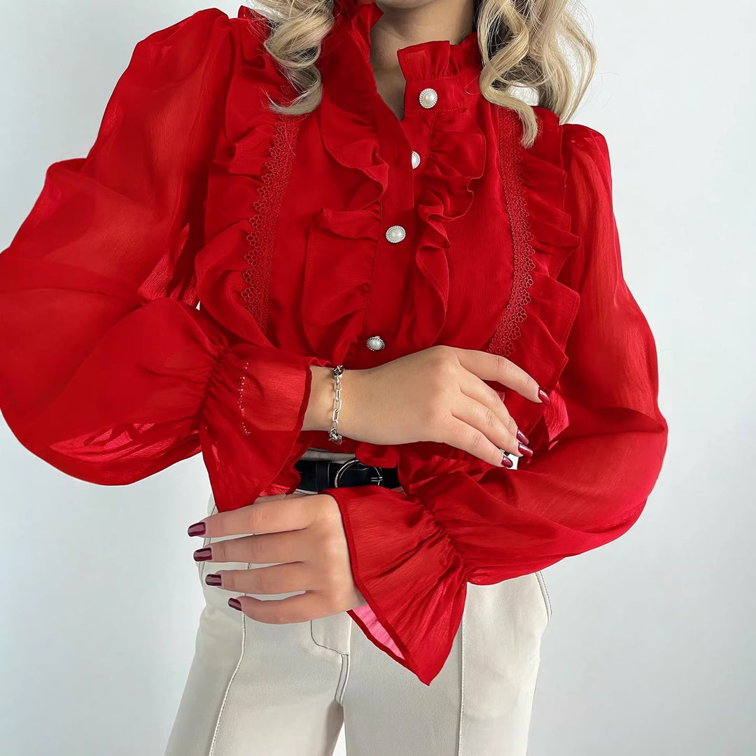 Damen Rüschenbluse aus Chiffon mit Stehkragen und Perlenknöpfen – Élovi
