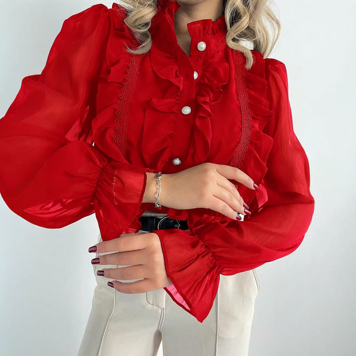 Damen Rüschenbluse aus Chiffon mit Stehkragen und Perlenknöpfen – Élovi