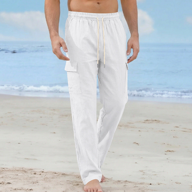 Herren Cargo-Strandhose aus Leinenmix mit elastischem Bund und Kordelzug – Bravaro