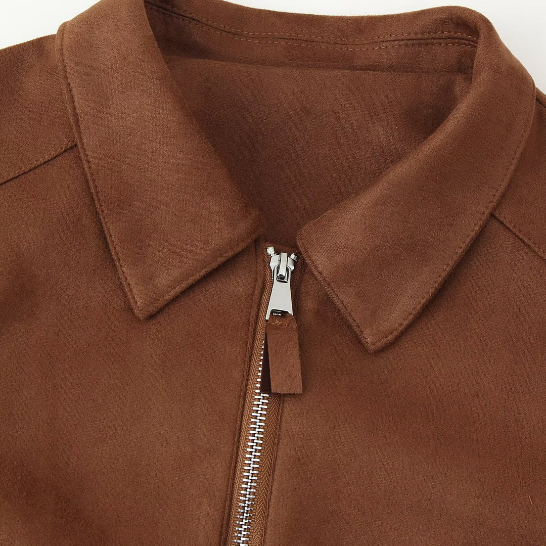 Damen Kurzgeschnittene Veloursoptik-Jacke mit zentralem Reißverschluss und Hemdkragen Echoarchiv
