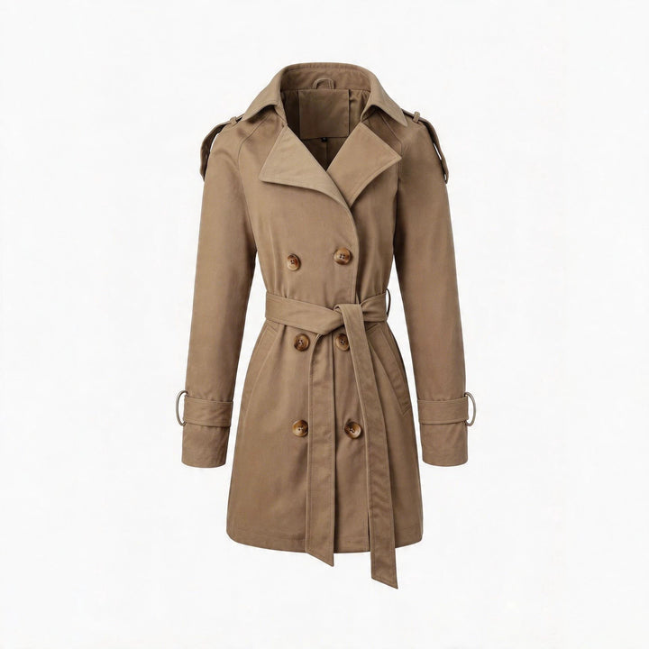 Damen Taillierter Trenchcoat mit Bindegürtel, Schulterriegeln und Metallring-Details Echoarchiv