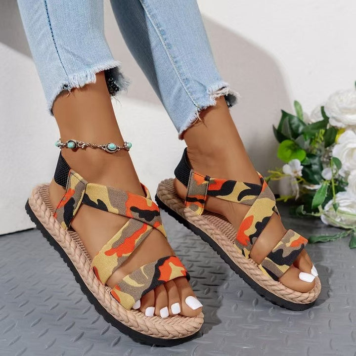 Damen nan flache Espadrille-Riemchensandalen mit geflochtenem Bastrand, elastischem Fersenband und gekreuzten Ethno-Riemen Echo Archiv