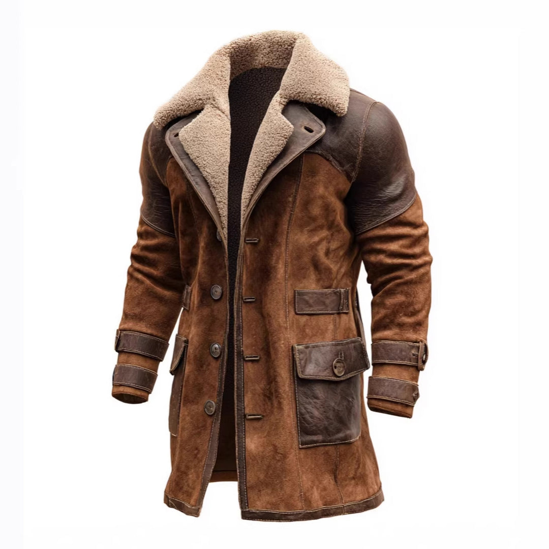 Herren Langer Shearling-Mantel aus Wildleder mit Lederbesatz Echoarchiv