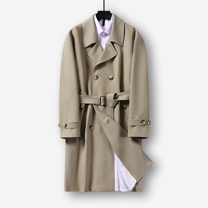 Herren Moderner knielanger Doppelreihiger Trenchcoat mit Taillengürtel Echoarchiv
