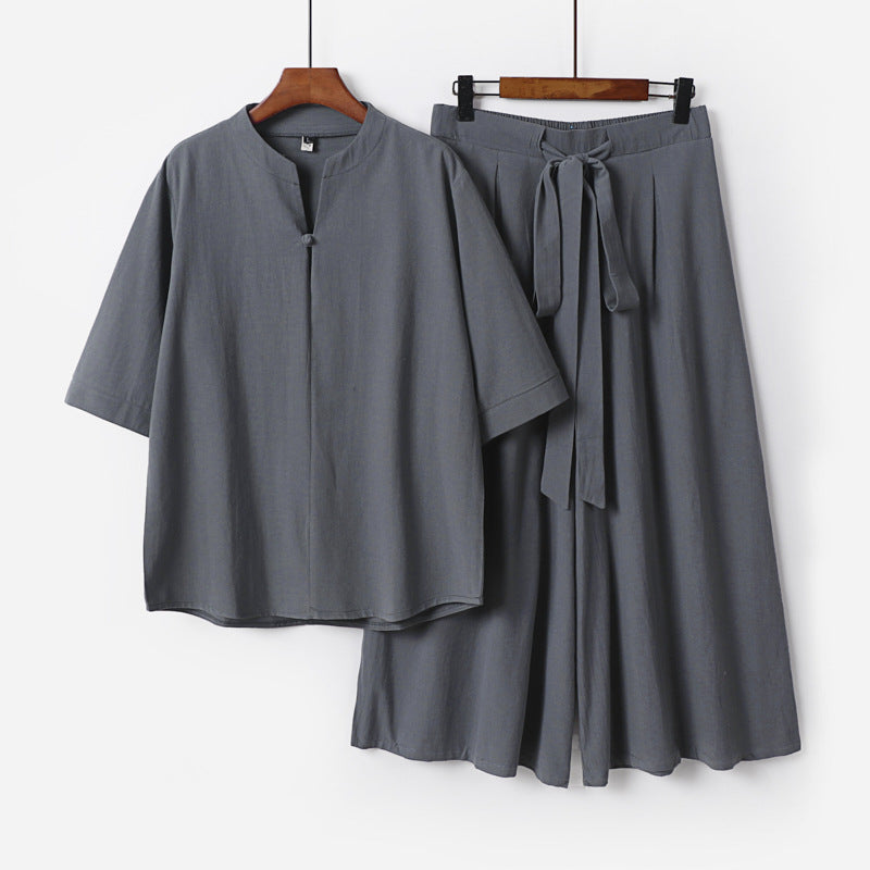 Damen Lässiges Leinen-Viskose Lounge-Set mit Stehkragen-Oberteil und weiten Palazzo-Hose Echoarchiv