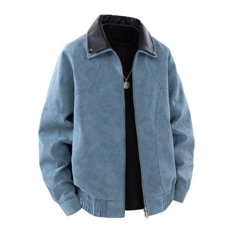 Herren Nano-Velours-Look Bomberjacke mit Kontrastkragen aus strukturiertem Kunstleder und elastischem Saum – Brevano