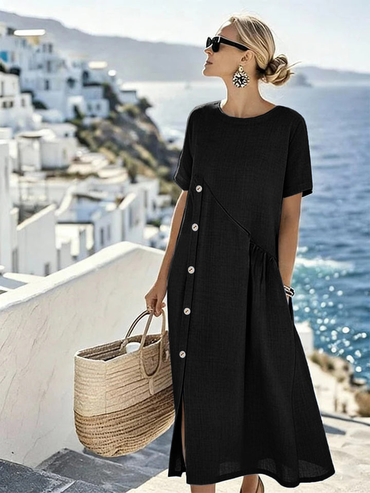 Damen Luftiges Sommerkleid mit seitlicher Knopfleiste, kurzen Ärmeln und Schlitz – Lunéa
