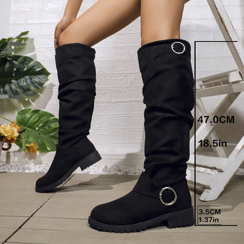 Damen kniehohe Slouch-Stiefel aus Wildlederoptik mit dekorativer Schnalle und rutschfester Profilsohle Echo Archiv