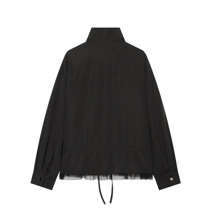 Damen Leichte Cropped Übergangsjacke mit Stehkragen, Tunnelzugtaillierung und Tüllbesatz Echo Archiv