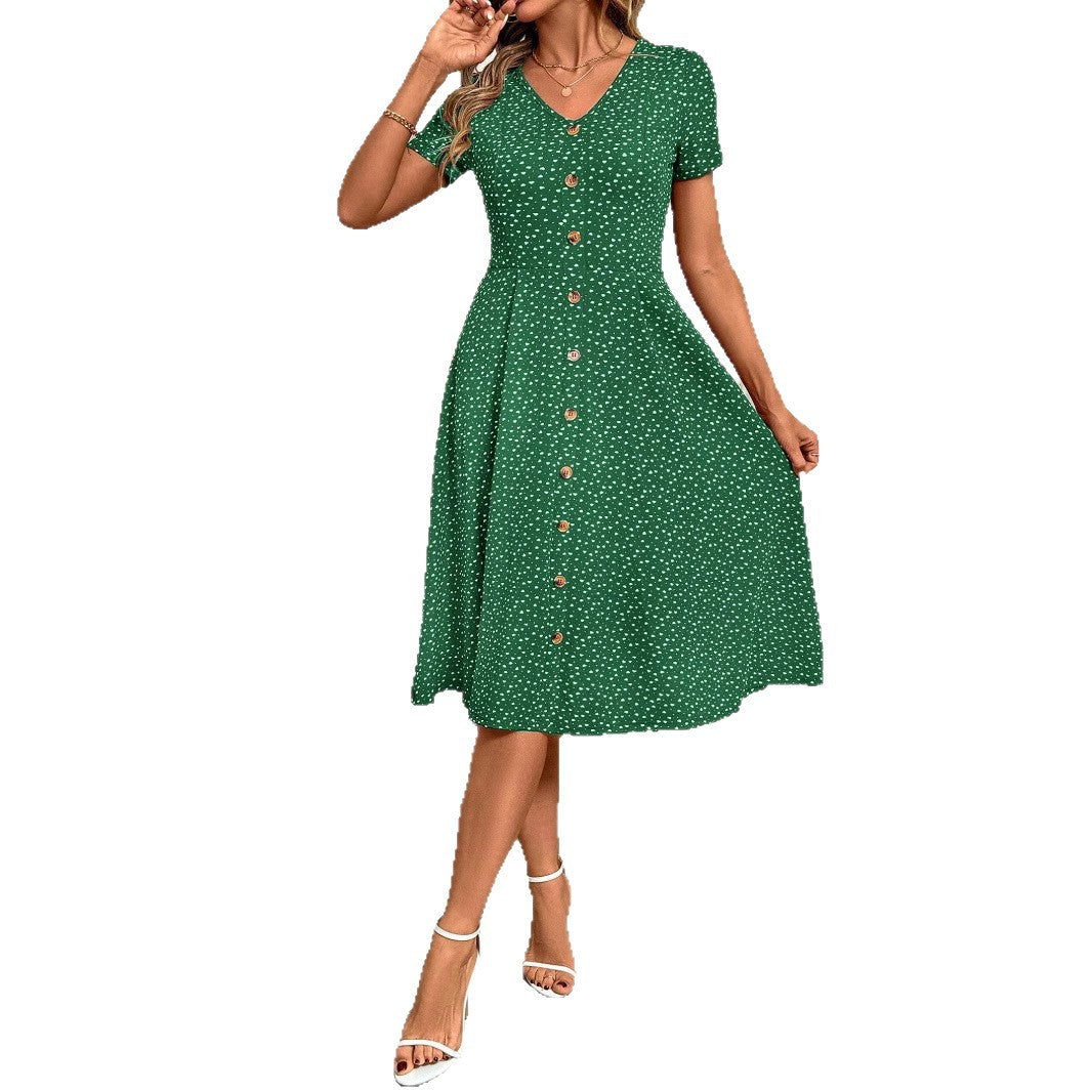 Damen Knielanges Kleid mit dekorativen Knöpfen und V-Ausschnitt Echoarchiv