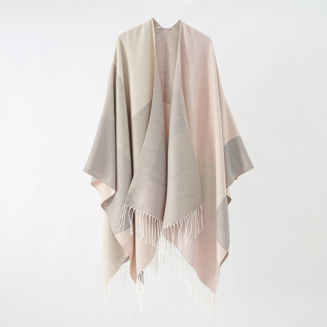 Damen Großer Wolloptik-Poncho mit geometrischem Blockmuster und Fransensaum – Célinea