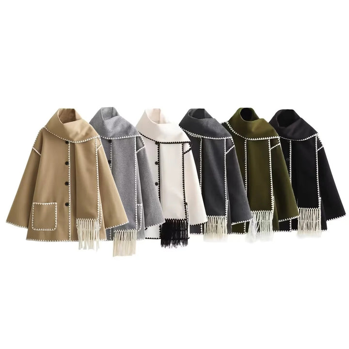 Damen Cape-Mantel mit angesetztem Fransen-Schal und Zier-Zickzacknaht Echo Archiv