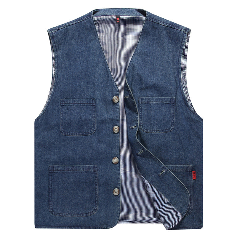 Unisex Canvas-Utility-Weste mit gestreiftem Innenfutter, aufgesetzten Taschen und Knopfverschluss – Marzano