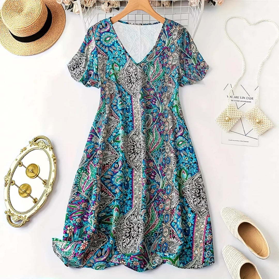 Damen Maxikleid mit V-Ausschnitt und buntem Paisleymuster Echo Archiv