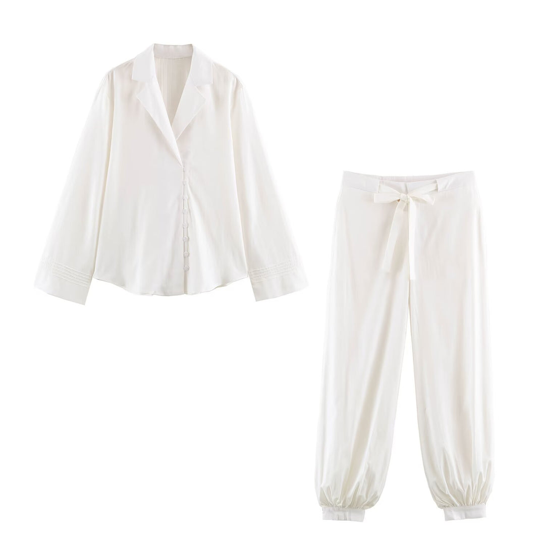 Damen Zweiteiler Lounge-Set aus fließender Satin-Optik mit Hemdbluse und hochtaillierter Kordelhose Echo Archiv