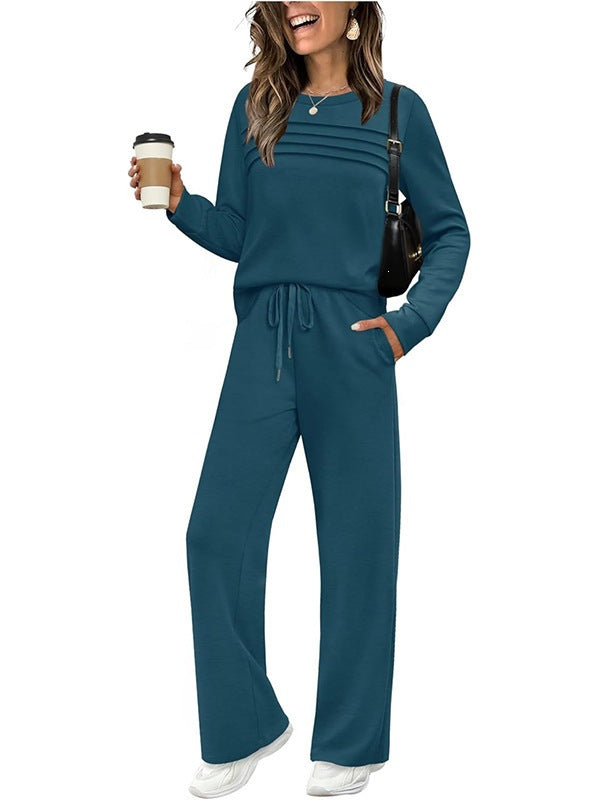 Damen Zweiteiliges Lounge-Set mit Plissee-Detail, Rundhals-Sweatshirt und weitem Kordel-Hose – Élanora