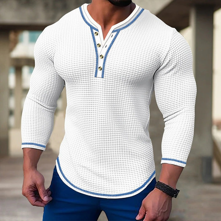 Herren modisches Langarm-Henley-Shirt mit strukturiertem Design und Knopfleiste Echoarchiv