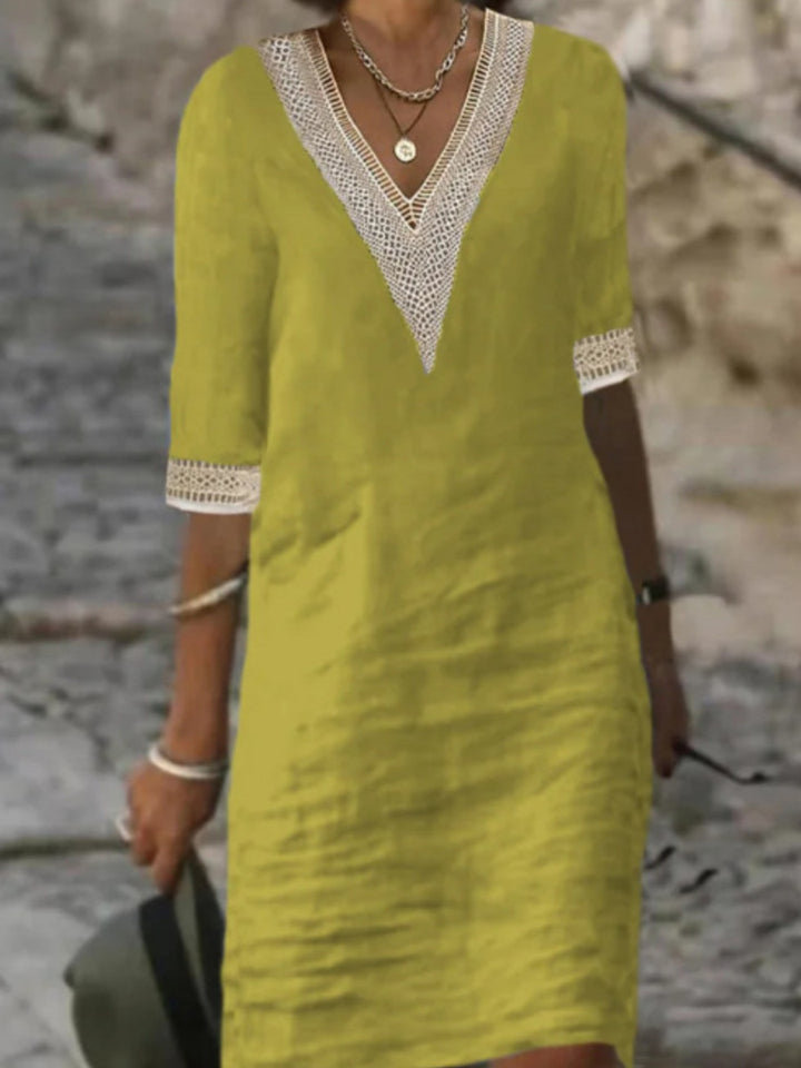 Damen Leinenlook Midi Kleid mit gehäkeltem V-Ausschnitt und 3/4 Ärmeln Echoarchiv