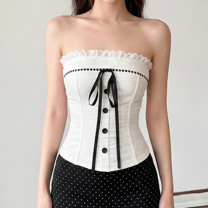 Damen Bustier-Oberteil mit dekorativem Rüschensaum und Knopfdetails Echo Archiv