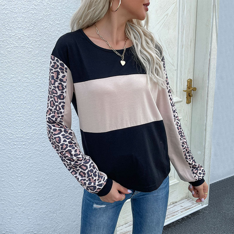 Damen Colorblock-Sweatshirt mit Leopardenärmeln und Rundhalsausschnitt – Mavelle