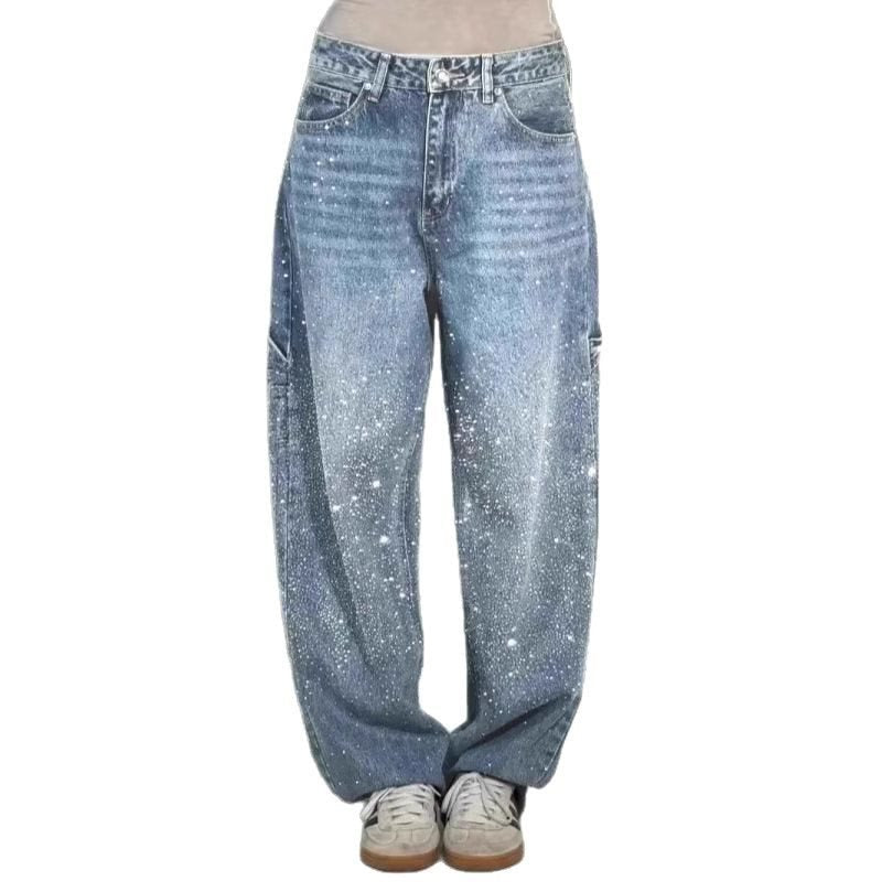 Damen High-Waist Jeans im weiten Cargo-Schnitt mit funkelndem Strassbesatz Echo Archiv