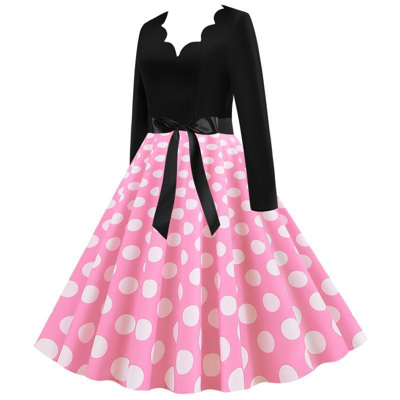 Damen Retro-Swingkleid mit langen Ärmeln tailliertem Oberteil gepunktetem Tellerrock und Schleifengürtel – Élara