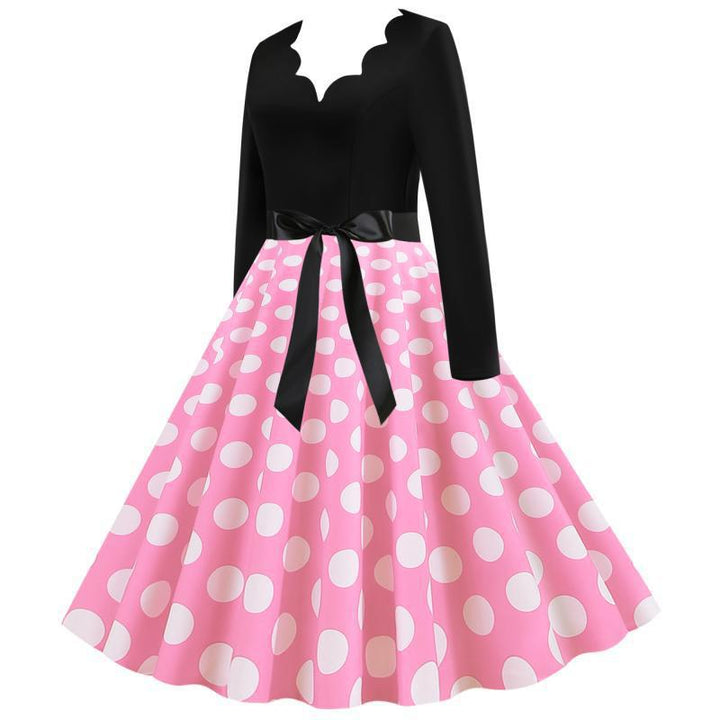 Damen Retro-Swingkleid mit langen Ärmeln tailliertem Oberteil gepunktetem Tellerrock und Schleifengürtel – Élara