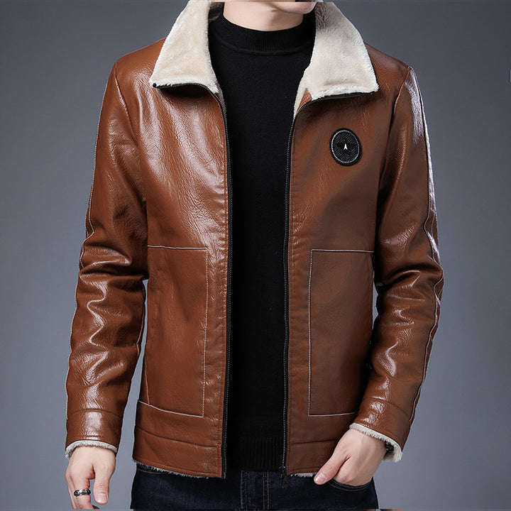Herren Kunstleder‑Fliegerjacke mit durchgehendem Teddyfutter und Stehkragen – Brevano