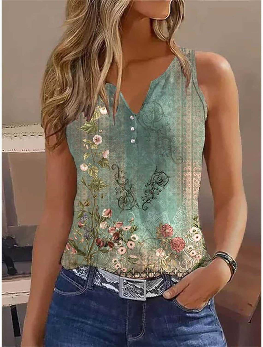 Damen Ärmelloses Oberteil mit Elegantem Floralem Design und Ausgefallenem V-Ausschnitt Echoarchiv
