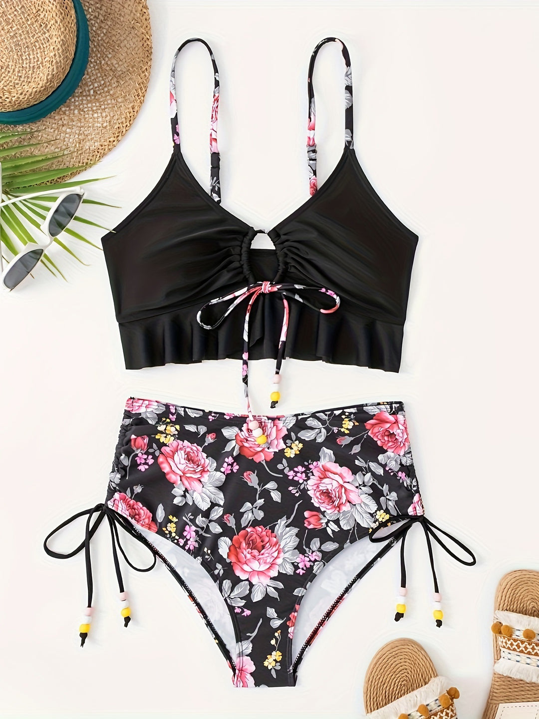 Damen Bikini-Set mit verspieltem Blumenmuster und seitlichem Bindeband Echo Archiv