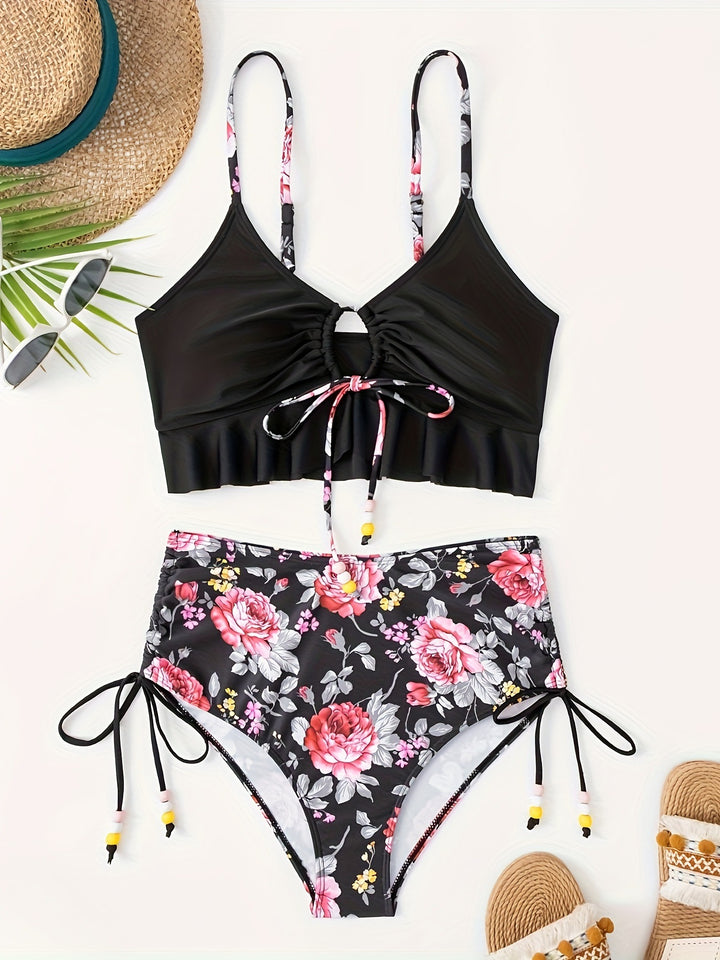 Damen Bikini-Set mit verspieltem Blumenmuster und seitlichem Bindeband Echo Archiv