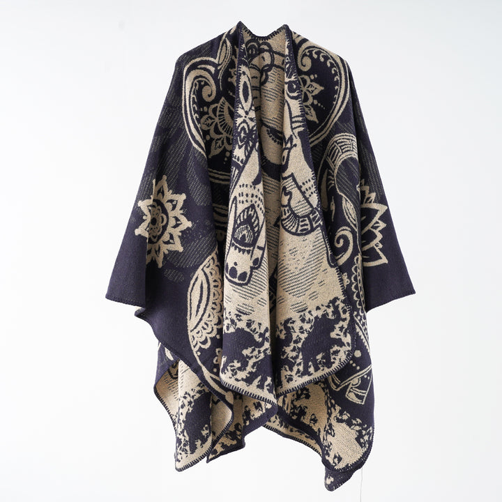 Damen Jacquard-Überwurfponcho mit doppelseitiger Webstruktur und Zierstichkante Echo Archiv