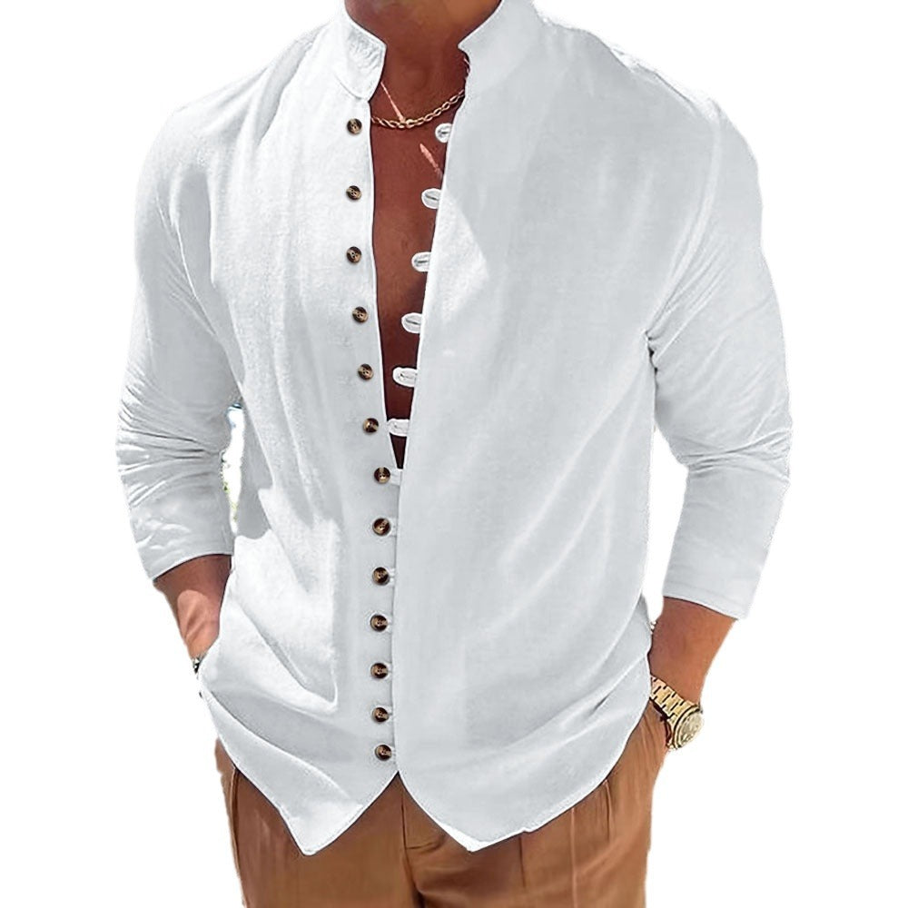 Herren Langarmhemd mit modernem Mandarin-Kragen und kreativen Knopfdetails Echoarchiv