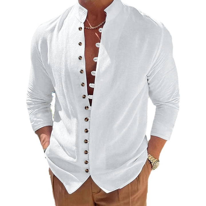 Herren Langarmhemd mit modernem Mandarin-Kragen und kreativen Knopfdetails Echoarchiv